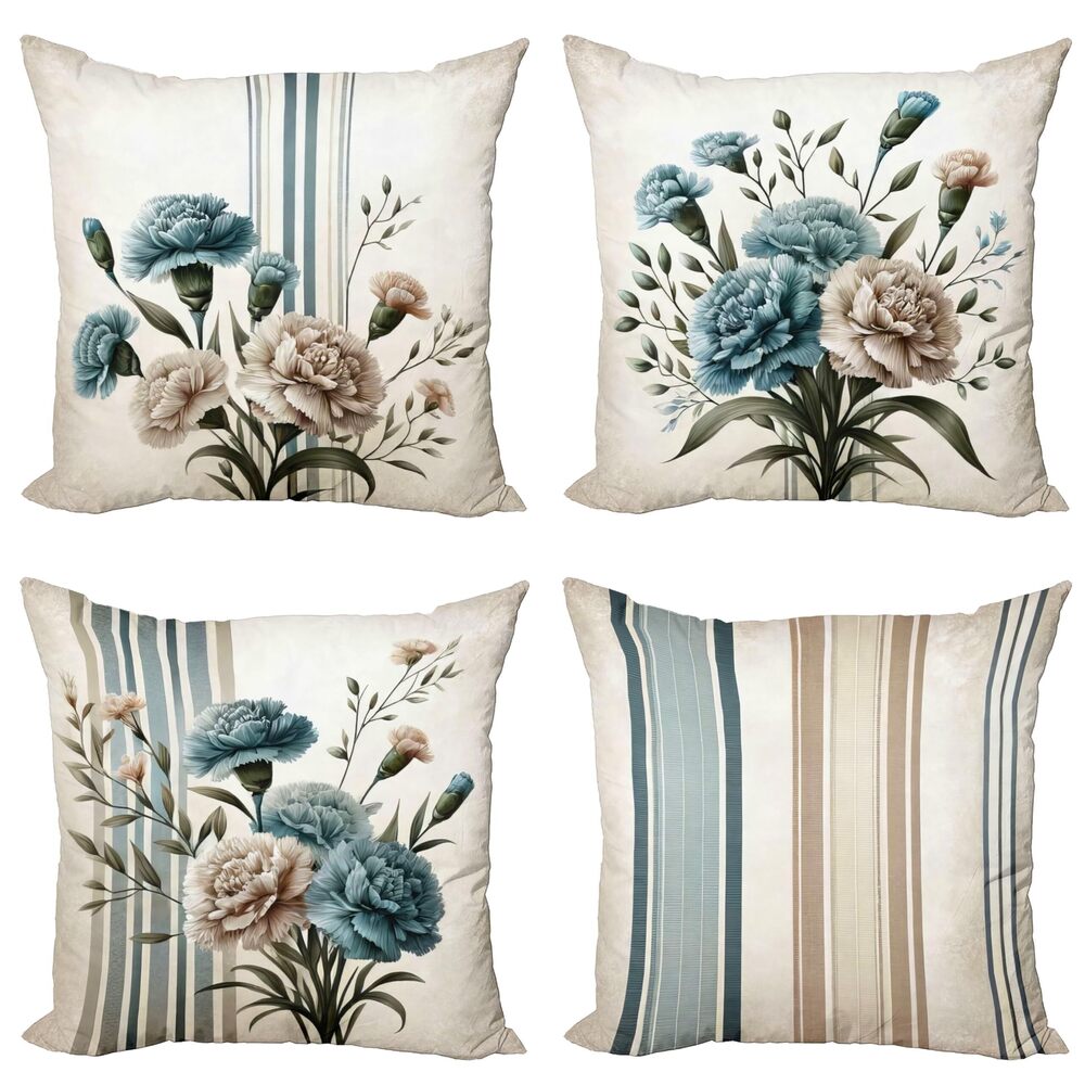 1556 Floral Throw Pillow Cushion Cover Set of 4, Vintage Themed Carnation